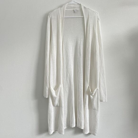 J Jill Cardigan Sweater Women 2X White Stretch Pockets Midi Coastal Linen Open - Picture 1 of 11